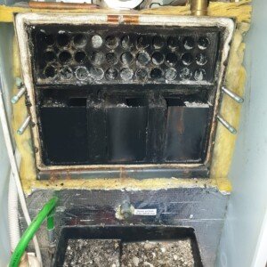 This boiler was almost at the point of a write off. To avoid this we were prepared to spend the whole day cleaning the turbulator tubes and fitting new turbulators to save the boiler. In this case the condense trap had blocked causing the acidic water to back up into the boiler.